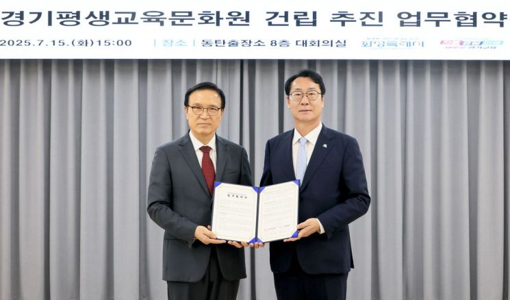 '경기도평생교육문화원' 건립을 위한 업무협약식에서 임태희 경기도교육감과 정명근 화성시장이 협약서를 들어 보이고 있다. 화성시 제공