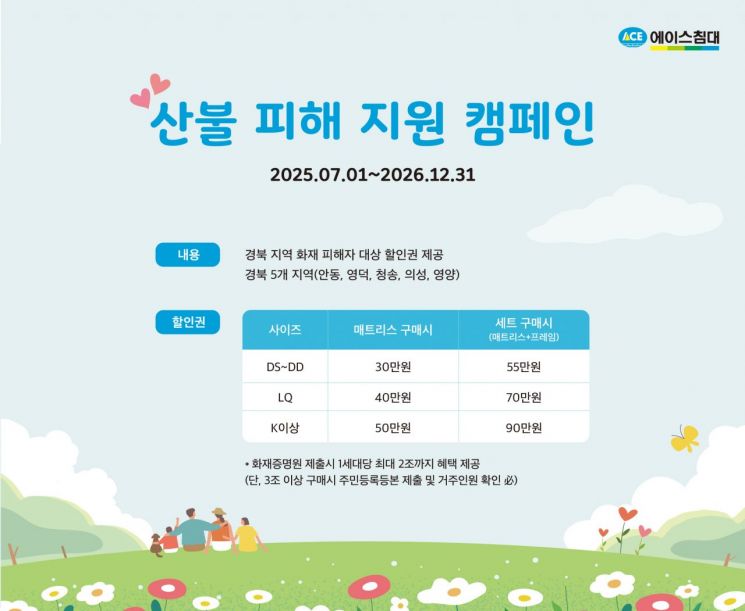 에이스침대, 경북 산불 피해 지역에 침대 구매 지원