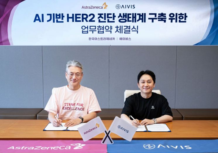 전세환 한국아스트라제네카 대표이사(왼쪽)과 이대홍 에이비스 대표이사가 15일 서울 강남구 한국아스트라제네카 본사에서 업무협약(MOU)을 체결한 후 기념사진을 촬영하고 있다. 한국아스트라제네카