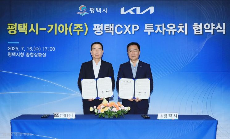 정원정 기아 부사장(왼쪽)과 정장선 평택시장이 '평택 모빌리티 허브센터' 투자규모 확대를 위한 양해각서(MOU)를 들어보이고 있다. 평택시 제공