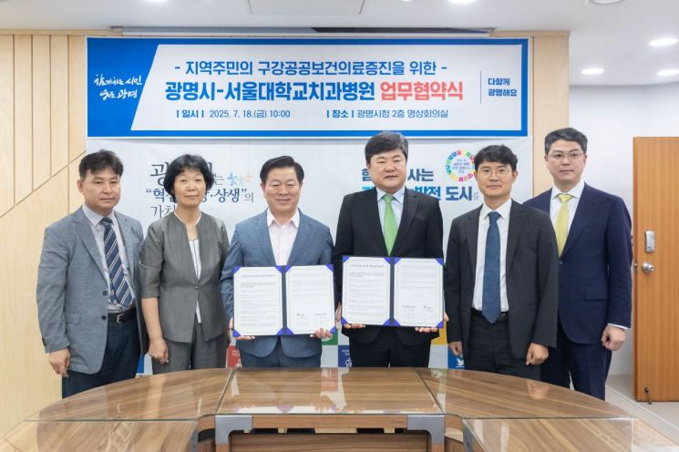 18일 광명시청에서 열린 '구강 공공보건의료 증진을 위한 업무협약식'에서 박승원 광명시장(왼쪽 세 번째)와 이용무 서울대학교치과병원장(왼쪽 네번째)이 협약서를 들어보이고 있다. 광명시 제공