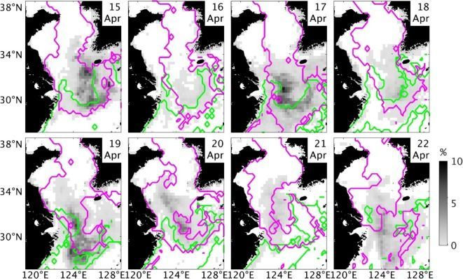 GOCI 위성 관측과 KIOST 모델 예측 자료.