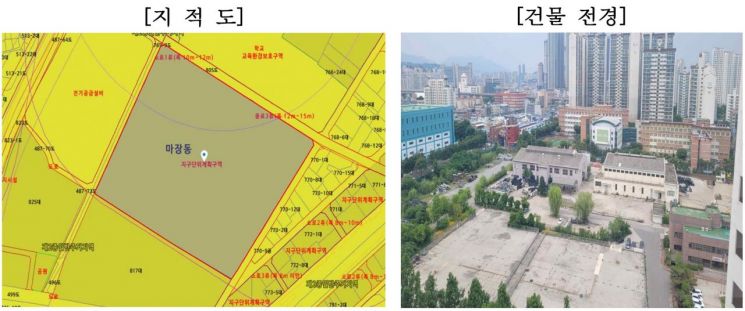 서울 성동구 마장동 한국전력공사 물류센터부지 지적도(왼쪽)와 건물 전경. 한국전력공사 제공