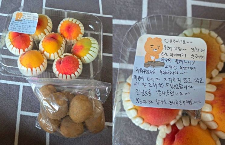 여고생 어머니가 문 앞에 두고 감자와 복숭아, 그리고 정성스럽게 빼곡히 적힌 손편지. 편지에는 우산을 빌려준 따뜻한 배려에 대한 고마움이 진심 어린 문장으로 담겨 있다. 온라인 커뮤니티