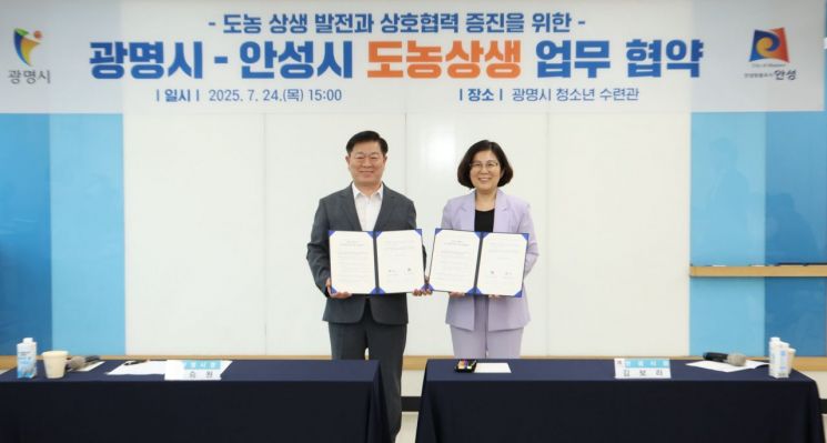 24일 광명 청소년수련원에서 열린 광명시-안성시 간 도농상생 협약식에서 박승원 광명시장(왼쪽)과 김보라 안성시장이 협약서를 들어보이고 있다. 안성시 제공