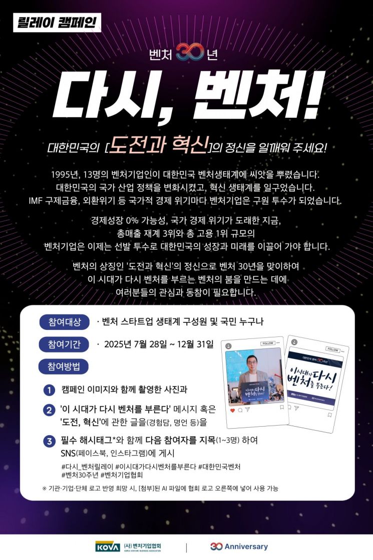 벤처기업協, 벤처 30주년 기념 릴레이 캠페인 개시