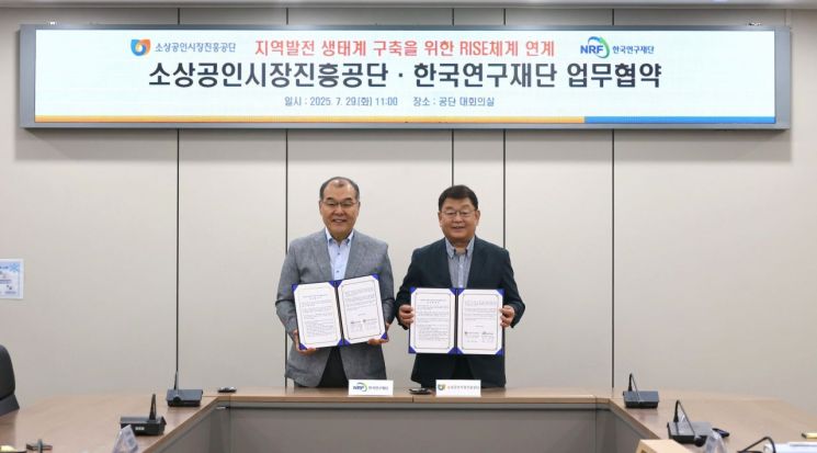 소상공인시장진흥공단은 29일 대전 본사에서 한국연구재단과 '지역발전 생태계 구축을 위한 RISE 연계 업무협약'을 체결했다. 소상공인시장진흥공단