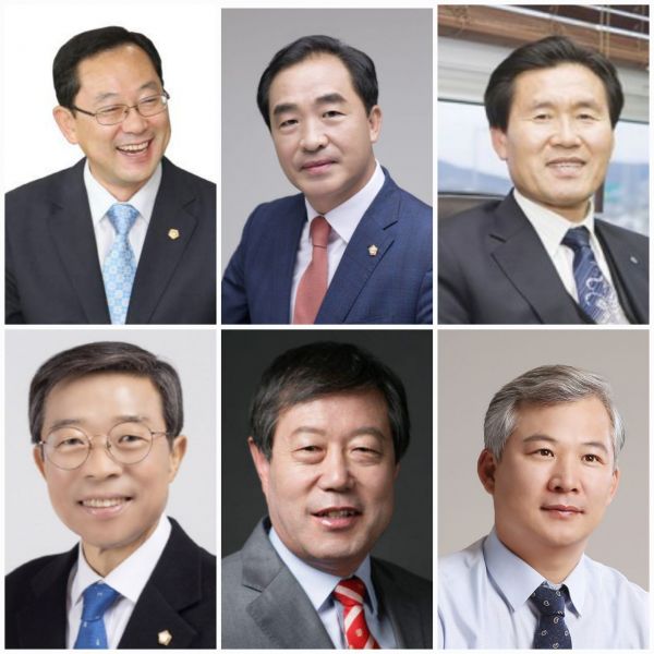 (상단 왼쪽부터) 명현관 현 해남군수, 이길운 해남군 체육회장, 김성주 전 해남군수협조합장, 서해근 해남군의원, 박철환 전 해남군수, 김병덕 전 해남군의회 의장. 이준경 기자