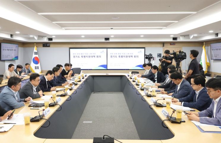 김동연 경기도지사가 31일 경기도청에서 한미 관세협상 타결에 따른 향후 대응책 등을 논의하기 위한 대책회의를 주재하고 있다. 경기도 제공