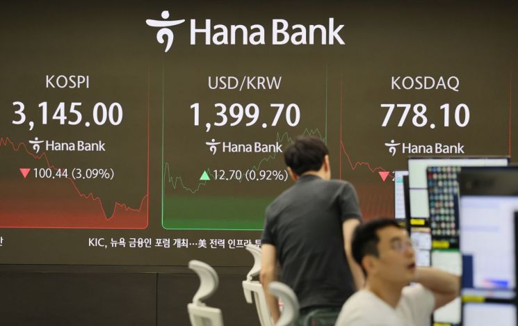 한미 상호관세 협상 타결 소식이 전해진 뒤 1일 국내 증시는 하락 출발 후 낙폭을 키우며 오전 한때 코스피 지수가 100포인트 이상 하락했고, 원·달러 환율도 1400원대에 근접했다. 서울 하나은행 본점 딜링룸에 주가와 환율 등 지수가 표시되고 있다. 윤동주 기자