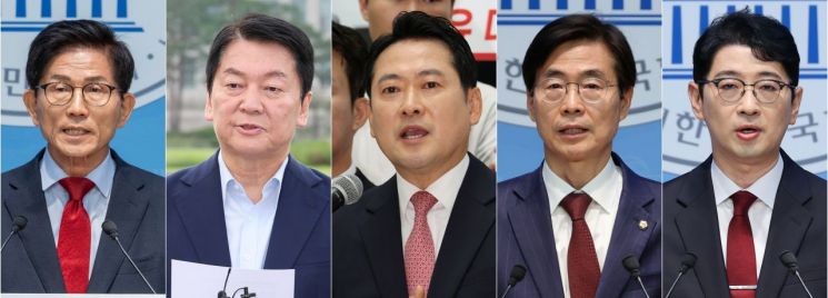 국민의힘은 8·22 전당대회 당 대표 후보 등록 마감 결과 김문수 전 고용노동부 장관, 안철수 의원, 장동혁 의원, 조경태 의원, 주진우 의원(왼쪽부터,가나다순) 등 총 5명이 신청했다고 31일 밝혔다. 연합뉴스