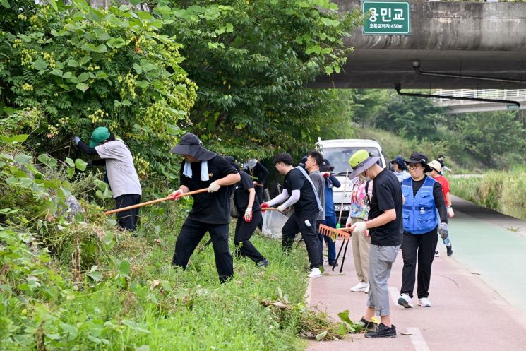 의정부시가 2일 집중호우로 인한 부용천 일대 부유물 청소 및 환경 정비 활동을 벌이고 있다. 의정부시 제공
