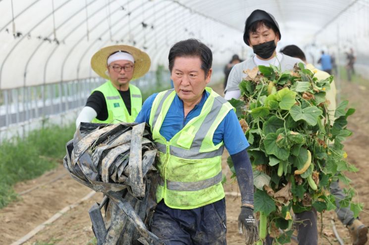 정청래 신임 더불어민주당 대표가 3일 오전 전남 나주시 노안면 오이농가를 찾아 수해 복구 작업을 하고 있다. 연합뉴스