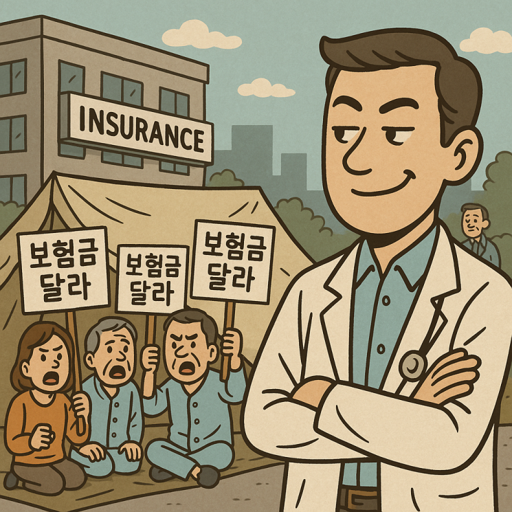 챗GPT가 보험사 앞에서 보험금 지급 관련 시위를 벌이는 환자들과 이를 방관하듯 바라보는 의사를 묘사한 이미지. 챗GPT