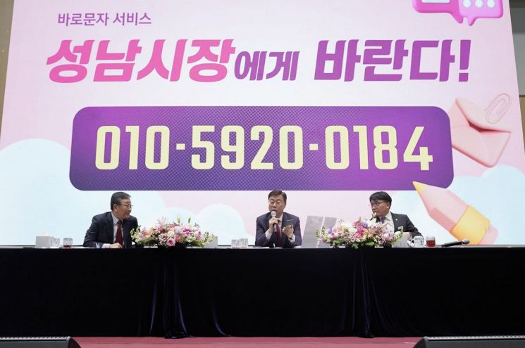 신상진 성남시장이 시민과의 새해 인사회에서 업무용 휴대폰을 들고 바로 문자 서비스에 대해 설명하고 있다. 성남시 제공