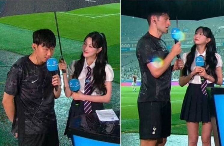 3일 서울월드컵경기장에서 토트넘과 뉴캐슬의 경기가 끝난 뒤 손흥민 선수가 인터뷰하고 있다. 토트넘의 벤 데이비스 선수도 경기를 마친 소감을 밝히고 있다(오른쪽). 온라인 커뮤니티 갈무리