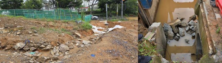 (왼쪽부터) 6일 중앙공원 2지구 시공사가 A 구역 우수관을 설치하기 위해 기초공사 해둔 길. 중앙공원 2지구 시공사가 B구역 우수관을 봉주초등학교 아래로 이어지는 암거와 연결시키기 위해 벽을 깨 놓았다. 민찬기 기자