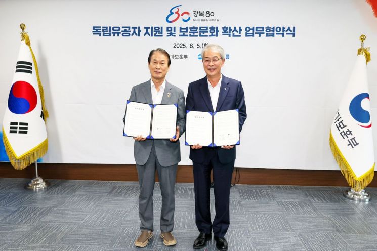 권오을 국가보훈부 장관과 임종룡 우리금융 회장이 광복 80주년을 맞아 독립유공자 지원 및 보훈문화 확산을 위한 업무협약식을 체결한 뒤 기념 사진을 촬영하고 있다. 우리은행