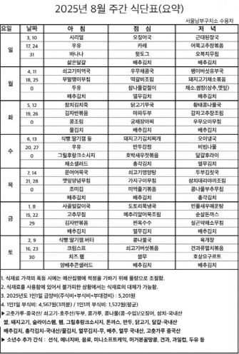 서울남부구치소 8월 식단표. 서울남부구치소