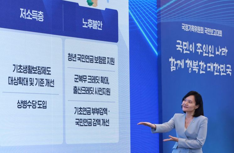 국정기획위원회 김남희 사회1분과 기획위원이 13일 청와대 영빈관에서 열린 국정기획위원회 국민보고대회에서 발표하고 있다. 연합뉴스