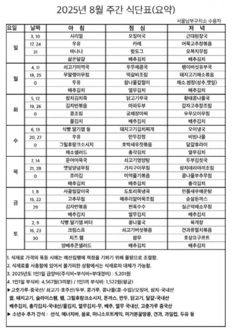 서울남부구치소 8월 식단표. 법무부 교정본부