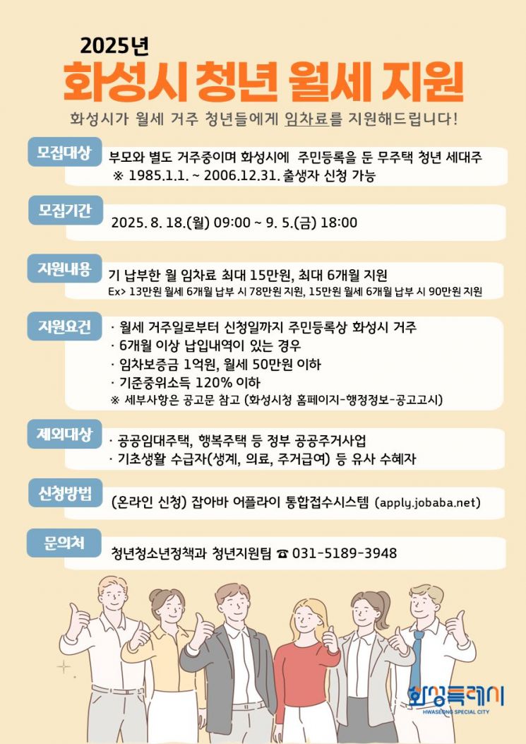 화성시, 청년월세지원사업 신청자 내달 5일까지 모집