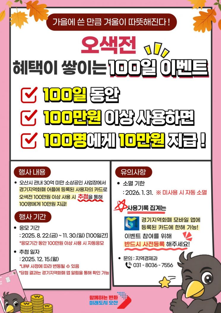 오산시, 지역화폐 '100·100·100 이벤트' 마련