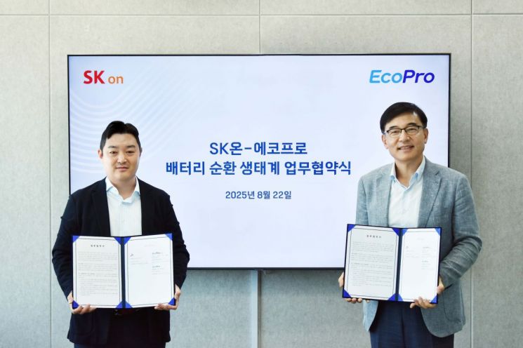 이경민 SK온 사업개발실장(왼쪽)과 박석회 에코프로씨엔지 대표(오른쪽)가 지난 22일 서울 서초구 에코프로 서울사무소에서 '배터리 순환 생태계 업무협약'과 '블랙파우더(Black Powder) 공급계약'을 체결했다.