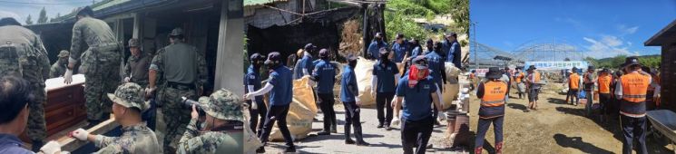 담양 지역 농가들이 지난달 내린 집중호우로 농경지 및 주택 침수 등 막대한 피해를 입은 가운데 군 병력과 경찰, 의용소방대, 봉사단체 등이 신속한 복구에 힘을 보탰다. 담양군 제공
