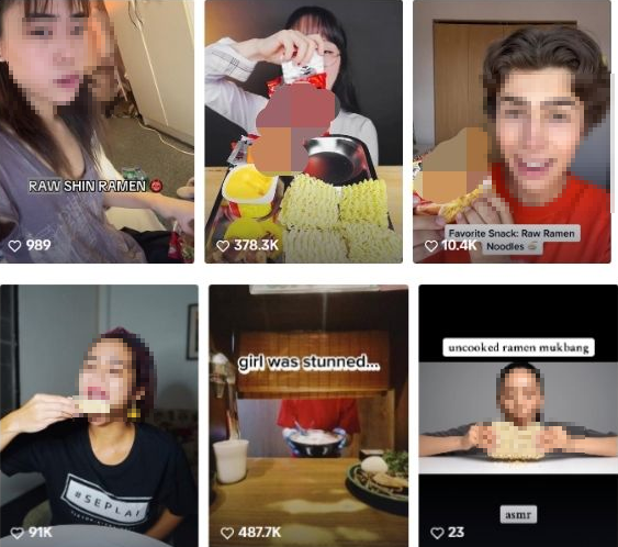 사회관계망서비스(SNS)에서 확산 중인 'Eat Ramen Raw(생라면 먹기)' 챌린지. 틱톡