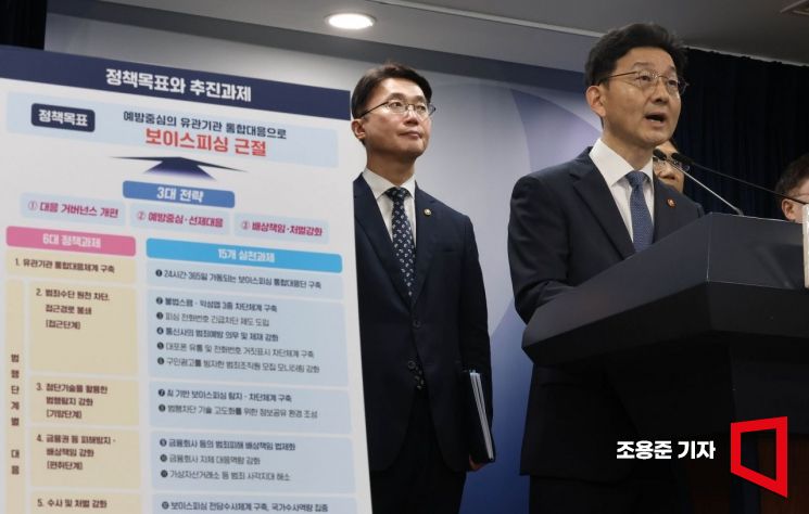 윤창렬 국무조정실장이 지난해 8월 서울 종로구 정부서울청사에서 보이스피싱 근절 종합대책을 발표하고 있다. 조용준 기자