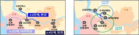 기존 도심지 실증노선(왼쪽)과 실증 노선 변경(안). 국토교통부 제공