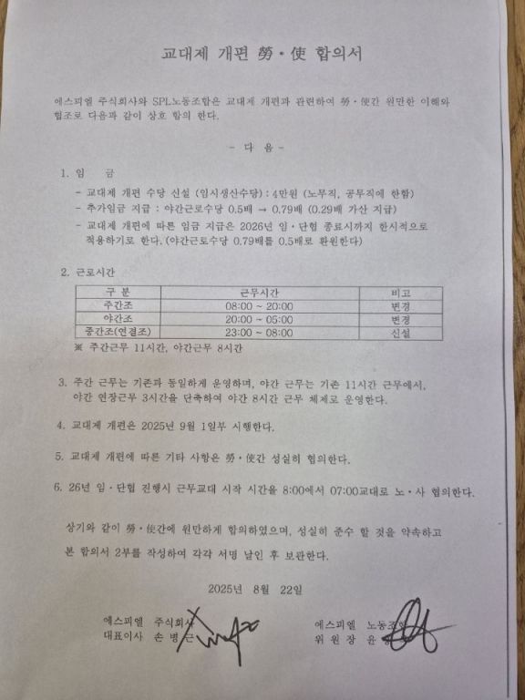 Labor-management agreement on the revision of the work system at SPL, a subsidiary of SPC Group, obtained by Asia Economy.