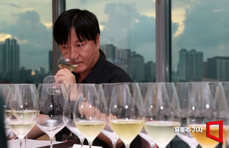 전 세계의 다채로운 와인을 한자리에서 만날 수 있는 '2025 글로벌 와인 앤 푸드 트립'이 28일 서울 여의도 메리어트 호텔에서 열렸다. 행사에 참석한 주요 유통업체 와인 소믈리에들이 블라인드 테이스딩을 하고 있다. 2025.08.28 윤동주 기자