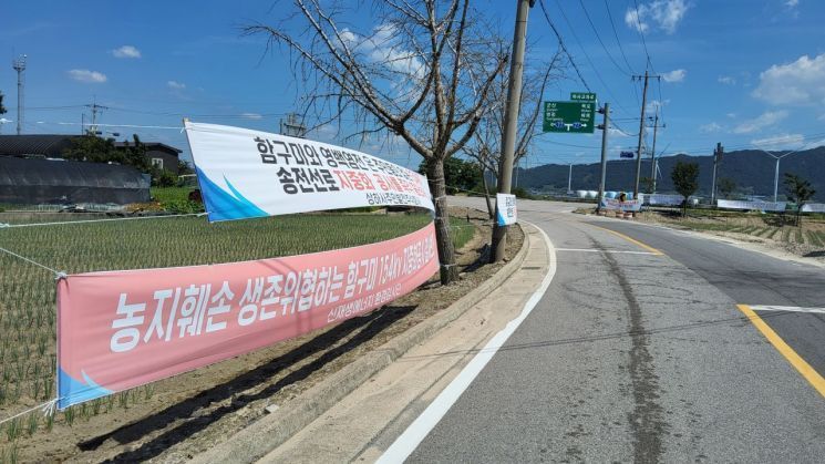 해상풍력 등 신재생에너지 발전으로 생성되는 전력을 끌어오기 위한 송전선로 지중화 사업을 반대하는 현수막이 영광군 곳곳에 붙어있다. 심진석 기자