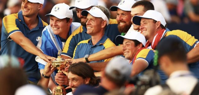 유럽이 2023년 이탈리아 로마에서 열린 라이더컵에서 우승 직후 환호하고 있다. 사진제공=라이더컵