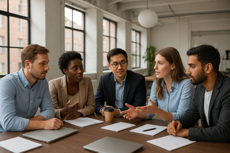 A scene of startup CEOs from various countries around the world gathered for a meeting. DALL-E3