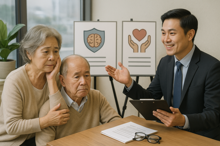An image generated by ChatGPT depicting an insurance company presenting dementia and caregiving-related products and services to customers. ChatGPT generated image.