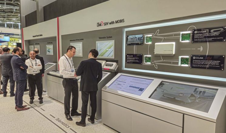 At the IAA 2025 Hyundai Mobis private booth, a representative from a European automaker is listening to an explanation about the Software-Defined Vehicle (SDV) system. Provided by the Korea Automobile Journalists Association