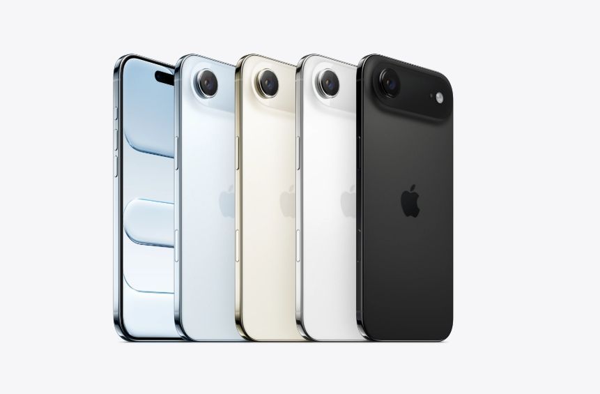 iPhone Air. Available colors are Sky Blue, Light Gold, Cloud White, and Space Black. Apple official website.