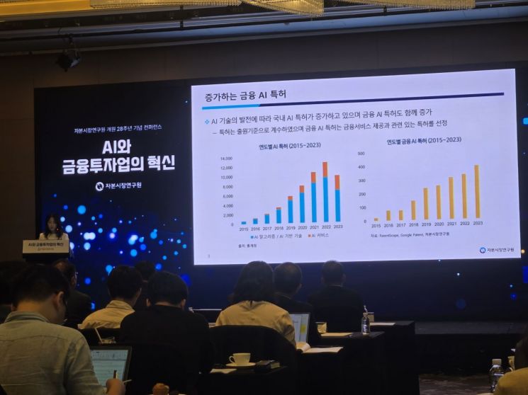 김진영 자본시장연구원 연구위원이 10일 오전 여의도 콘래드호텔에서 자본연 개원 28주년을 기념해 열린 'AI와 금융투자업의 혁신' 콘퍼런스에서 '특허 분석을 통해 살펴본 금융투자 분야의 AI 활용과 시사점'을 주제로 발표하고 있다.