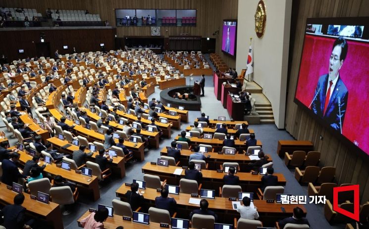 송언석 국민의힘 원내대표가 10일 국회에서 열린 본회의에서 교섭단체 대표 연설을 하고 있다. 2025.9.10 김현민 기자