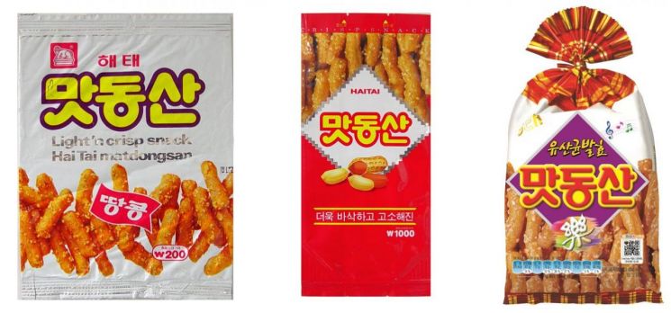 맛동산 패키지 변천. 1985년 맛동산(왼쪽부터), 1997년 맛동산, 2006년 맛동산 [사진=크라운해태제과 제공]