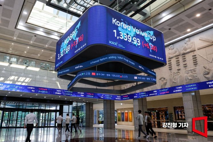 코스피 지수가 전 거래일 보다 22.07포인트 오른 3336.60으로 장을 시작하며 이틀 연속 사상최고치를 경신한 11일 서울 여의도 한국거래소 전광판에 코스피 지수가 표시돼 있다. 2025.9.11 강진형 기자