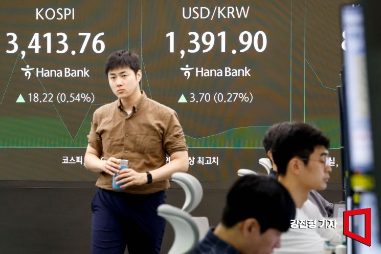 연일 사상 최고치를 기록하고 있는 코스피 지수가 사상 처음으로 3400선을 돌파한 15일 서울 중구 하나은행 본점 딜링룸에서 딜러들이 업무를 보고 있다. 강진형 기자