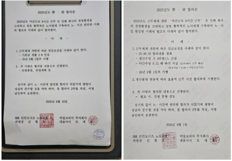 Labor-management agreement on the revision of the work system of BR Korea, an SPC Group affiliate, obtained by Asia Economy. The document on the left is the agreement dated August 19, and the one on the right is the newly signed agreement by labor and management after withdrawing the previous one.