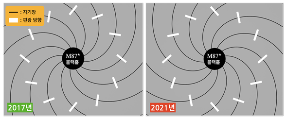 A schematic diagram showing the change in the magnetic field around the black hole, one of the theoretical models explaining the polarization direction between 2017 (left) and 2021 (right). The black circle in the center represents the M87 black hole, the white bars indicate the polarization direction of the observed light ring, and the black solid lines represent the direction of the magnetic field. In this model, as the pattern of the polarization direction is reversed, the direction of the magnetic field around the black hole also changes accordingly. (Source: Event Horizon Telescope Collaboration)