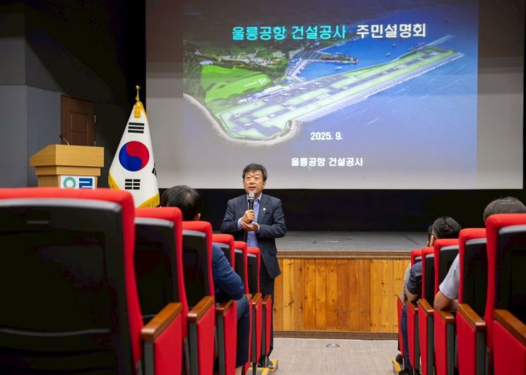 '찾아가는 울릉공항 건설공사 주민설명회'에서 인사말하고 있는 남한권 울릉군수. 울릉군 제공