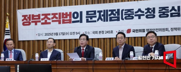 Song Eonseok, floor leader of the People Power Party, is speaking at the discussion titled "Problems of the Government Organization Act: Focusing on the Serious Crimes Investigation Agency" held at the National Assembly on September 17, 2025. Photo by Kim Hyunmin