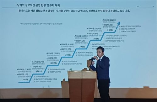 조좌진 롯데카드 대표가 18일 서울 중구 부영태평빌딩에서 '정보보호 운영 현황 및 투자 계획'에 대해 설명하고 있다. 문채석 기자